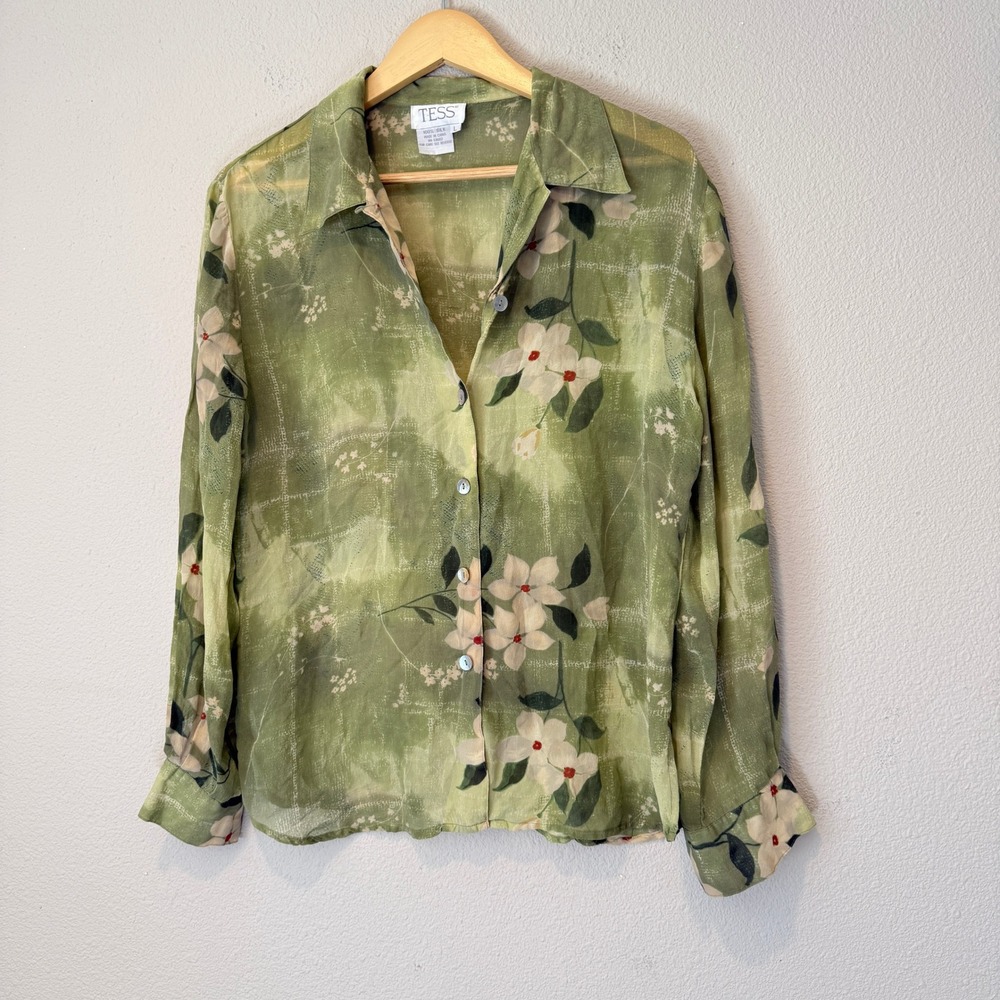 TESS Womens 100% Silk Sage Green Floral Button Down Blouse Long Sleeve Large